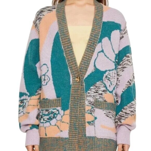 Free People August Orchid Teal Combo Chunky Knit Wool Oversized Cardigan - Picture 1 of 9